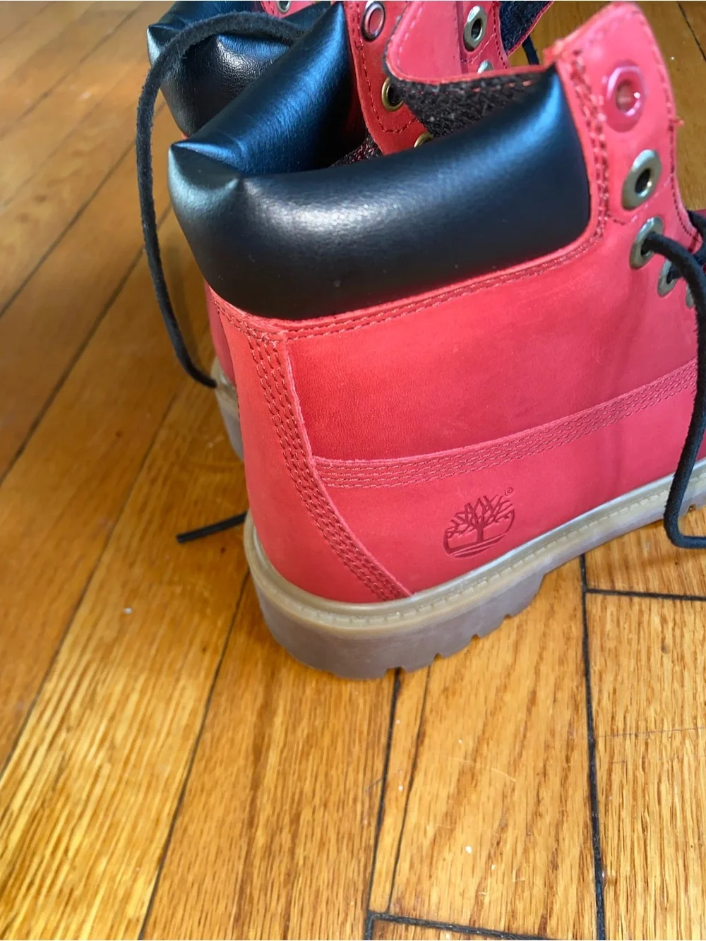 Timberland Kids Red Leather Ankle Boots with Black Collar
